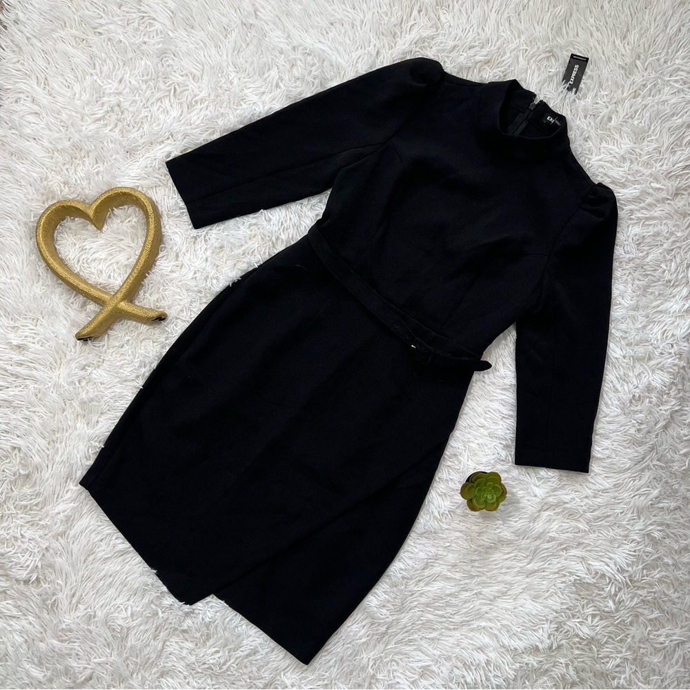 NWT Express Black Sheath Dress with Puff Sleeves and Mock Neck